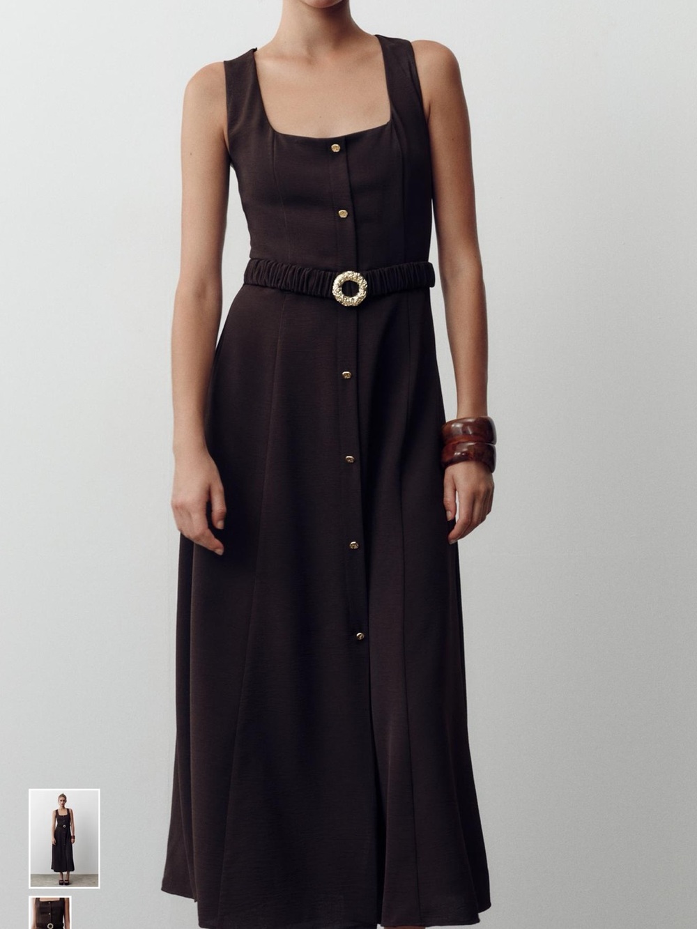 Zara Dark Brown Sleeveless Button-Front Maxi Dress with Buckle Belt